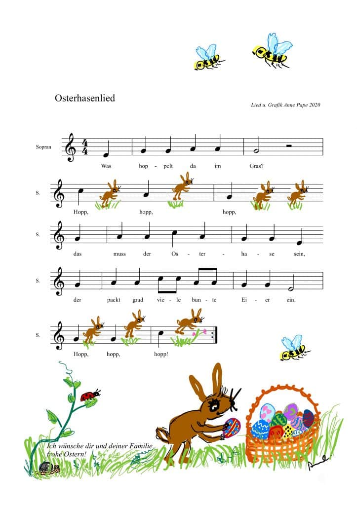 Osterlied für Kinder, in dem die pausen durch hopsende Hasen dargestellt sind.